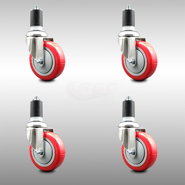 Service Caster 4 Inch 316SS Red Polyurethane Swivel 1-5/8 Inch Expanding Stem Caster Set SCC SCC-SS316EX20S414-PPUB-RED-158-4 - main